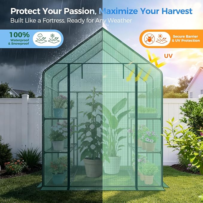 Ohuhu Greenhouse for Outdoors with Screen Windows, 57 x 57 x 76'' Walk in Plant Greenhouses Heavy Duty with Durable PE Cover, 3 Tiers 12 Shelves Stands Plastic Portable Green House with Shelf Clips
