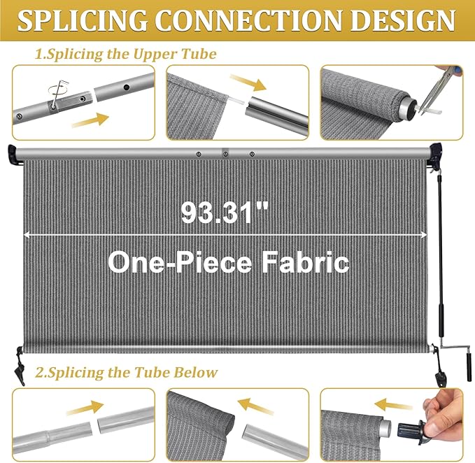 Shade&Beyond Outdoor Roller Shades with Splicing Design, 8' W x 6' H Cordless Patio Roll Up Blinds, Exterior Shade Cloth Roll for Porch, Gazebo, Pergola, Balcony, Gray