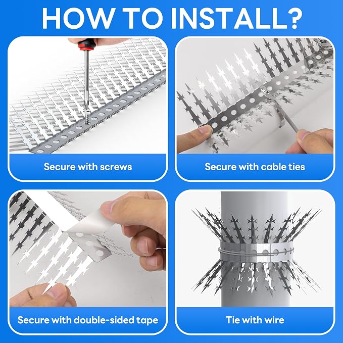 Raccoons Squirrel Baffle Spikes Deterrent, 120in Stainless Steel Pigeons Bird Spikes, Avoided Snakes Cats, Nests on Fences/Eaves/Porch/Windowsills, Protect Bird Feeder Pole
