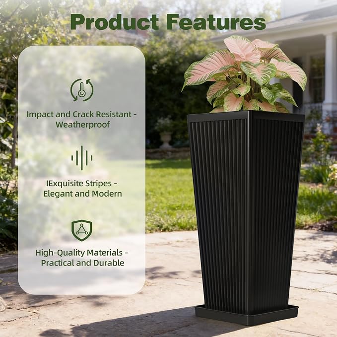 Tall Black Planters Outdoor Set of 2-24" Modern Tapered Plastic Planters for Outdoor Plants with Drainage Holes/Partition/Tray, Large Indoor Planter for Porch Patio Garden Front Porch