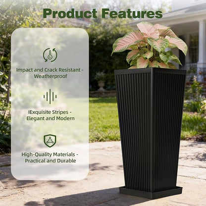 Tall Black Planters Outdoor Set of 2-24" Modern Tapered Plastic Planters for Outdoor Plants with Drainage Holes/Partition/Tray, Large Indoor Planter for Porch Patio Garden Front Porch