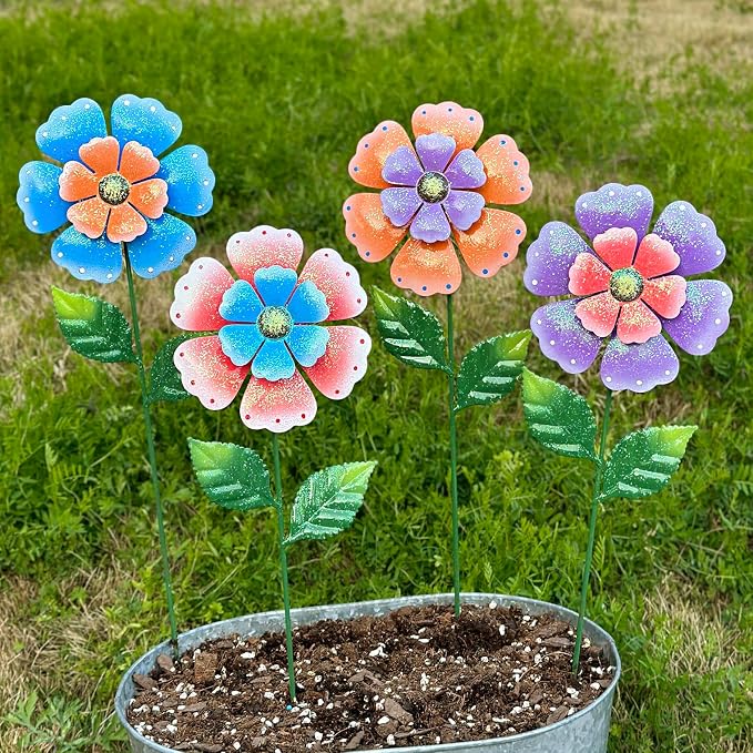 Metal Flowers for Outside, 4 Pcs 16.5 Inch Decorative Garden Stakes, Hand Painted Tin Metal Garden Decor with Glitter, Weather Resistant Outdoor Art for Patio Lawn Yard
