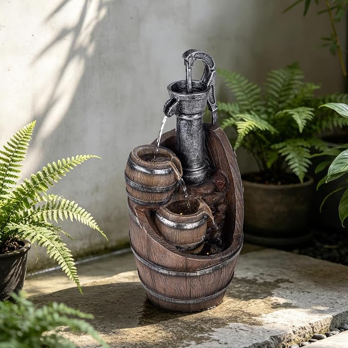 21.7" H Barrel Water Fountains Outdoor with LED Lights, Garden Fountains for Yard Patio Backyard Deck Decor