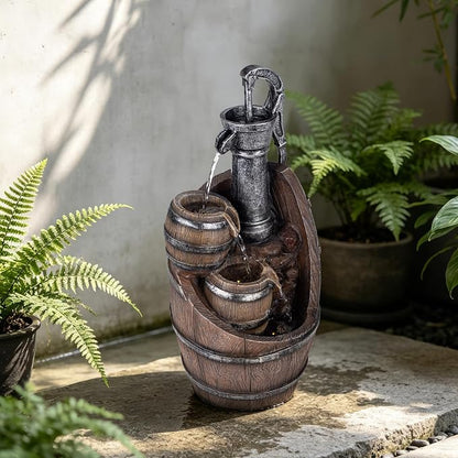 21.7" H Barrel Water Fountains Outdoor with LED Lights, Garden Fountains for Yard Patio Backyard Deck Decor