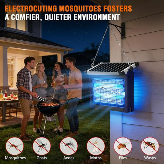 Solar Bug Zapper Outdoor Waterproof, 4500V Rechargeable Mosquito Zapper with Solar Panel Sensor, Auto ON/Off, 10ft Extension Cord & Solar Powered Bug Zapper, Cordless Insect Zap for Patio Yard Garden