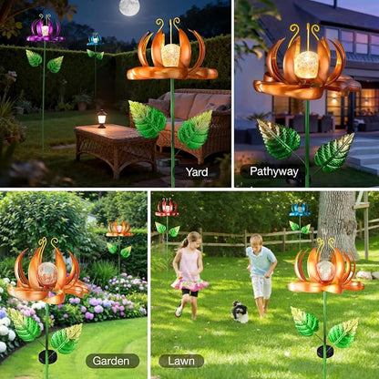 Solar Yard Lights Wind Spinners- Metal Lotus Flower Garden Decor LED Crackle Glass Globe Yard Art Sculpture Solar Stake Lights for Patio Pathway Lawn Walkway (Yellow-Large)