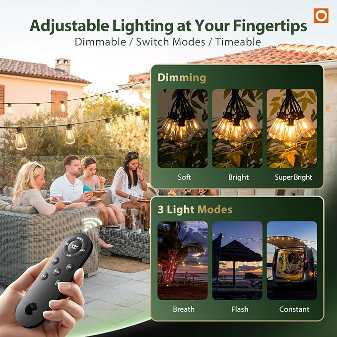 addlon 102FT(96+6) Solar String Lights Outdoor with Remote, 48 LED Dimmable Waterproof Patio Hanging Lights (2FT Bulb Spacing), Long-Lasting Solar Light for Outside, Yard, Backyard, Garden, Camping
