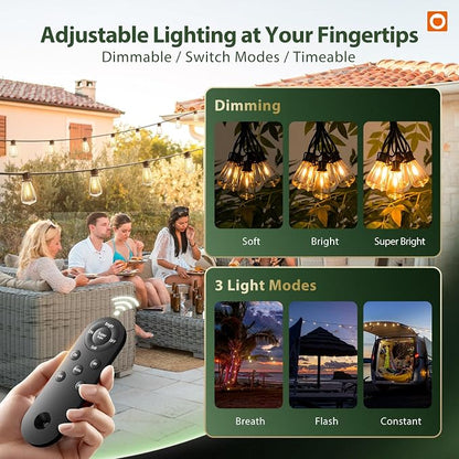 addlon 102FT(96+6) Solar String Lights Outdoor with Remote, 48 LED Dimmable Waterproof Patio Hanging Lights (2FT Bulb Spacing), Long-Lasting Solar Light for Outside, Yard, Backyard, Garden, Camping