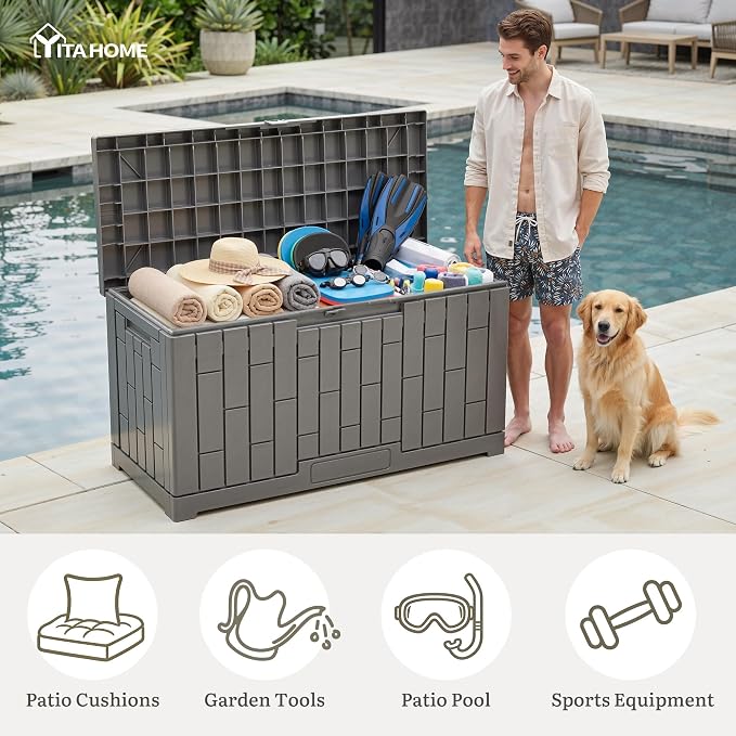 YITAHOME 60 Gallon Resin Deck Box | Weather Resistant Outdoor Rattan Storage Box with Slide-Locking Lid, Lockable Indoor Outdoor Storage for Supplies