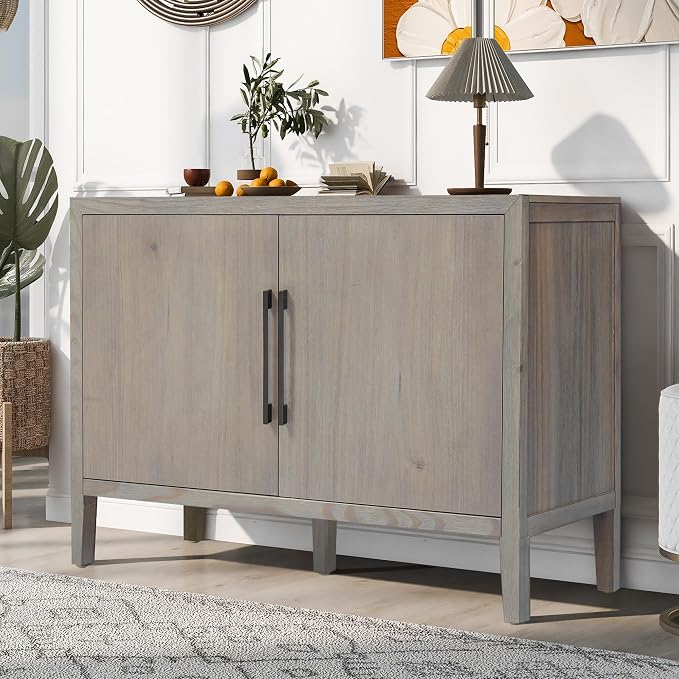 Merax Wood Farmhouse Buffet Sideboard with Metal Handles and 2 Doors, Coffee Bar Storge Cabinet Console Table for Living Room Bedroom Kitchen Hallway, Gray