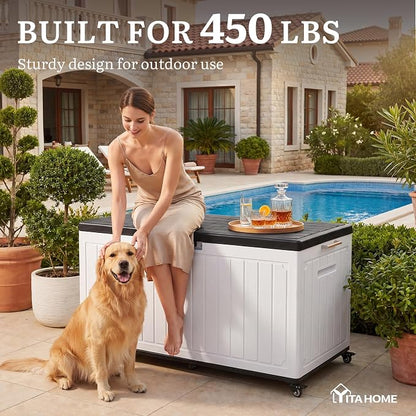 YITAHOME 90 Gallon Outdoor Storage Box with 6 Swivel Wheels & Dual Wooden | Large Double-Wall Resin Deck Box, Lockable Waterproof Patio Organizer for Furniture, Cushions, White & Black