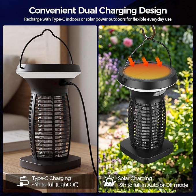 Solar Bug Zapper Outdoor, UV Mosquito and Fly Zapper with Auto Mode, Rechargeable Cordless Electric Insect Trap, Waterproof Bug Light for Patio Backyard Porch Camping