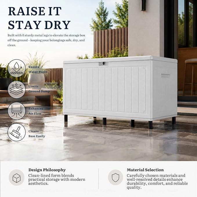 YITAHOME 90 Gallon Outdoor Storage Box with 6 Heavy-Duty Metal Legs & | Large Double-Wall Resin Deck Box, Lockable Waterproof Patio Organizer for Furniture, Cushions, White