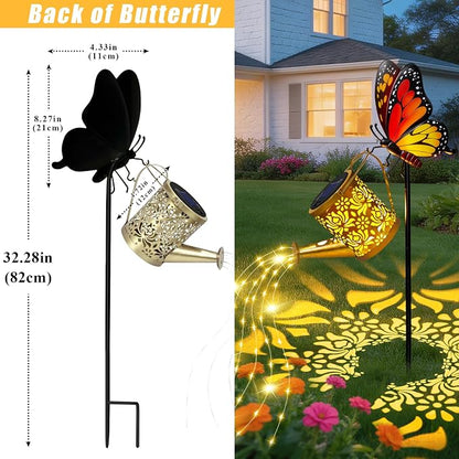 Solar Lights Garden Decor, Mothers Day Gifts, Waterproof Solar Watering Can with Butterfly Garden Stakes, Outdoor Light with Cascading Lights for Outside Patio Porch, Birthday Gift for Women 2 Pack