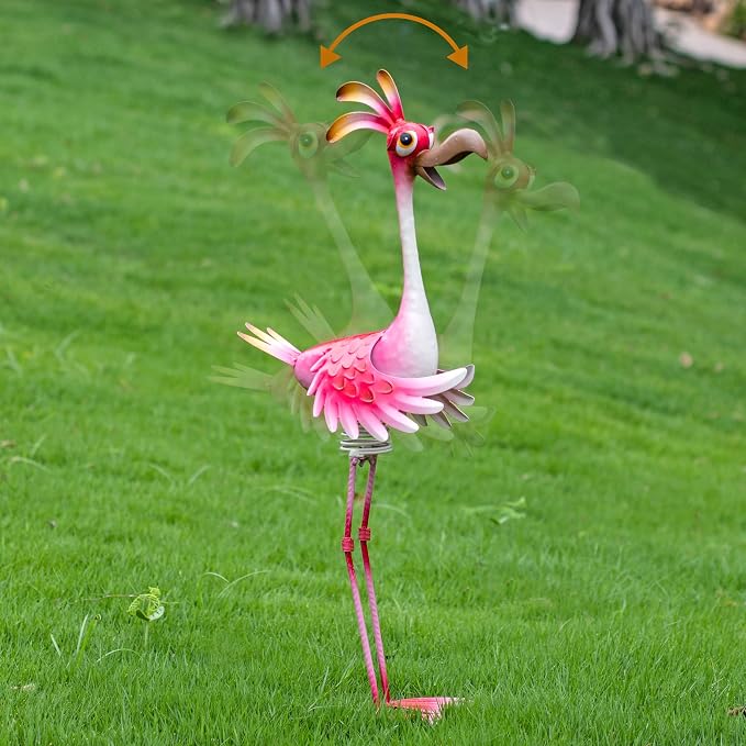 Natelf Outdoor Summer Flamingo Metal Garden Yard Art 25in | Weatherproof, Rustproof, Large Outdoor Garden Statue, Spring-loaded, For Women Mom Grandma