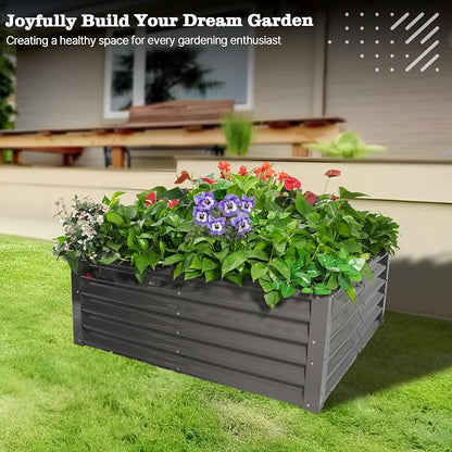A ANLEOLIFE 4X4X1.5 ft Galvanized Raised Garden Beds Outdoor, Square Metal Planter Box for Planting Vegetables Flowers Herb, Anti-Rust & Easy-Setup, Quartz Grey