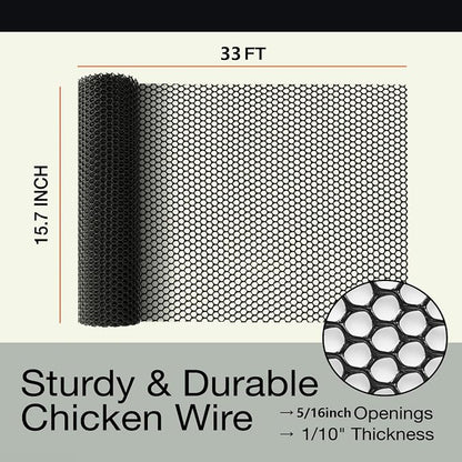 Black Plastic Wire Mesh Fence 15.7IN x 33FT - Commercial Grade Hexagonal Netting, Heavy Duty Snake & Rodent Barrier for Farms, Poultry Yards, Dog Runs | Durable Outdoor Security Fencing