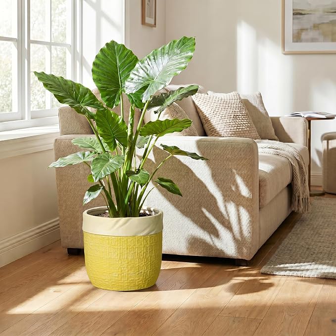 Ceramic Plant Pots - 9.8 Inch Plant Pots for Indoor Plants, Round Planter with Drainage Hole and Plug, Boho Pot for Plants, Decorative Flower Pot, Front Porch Decor, Gardening Gifts, Yellow