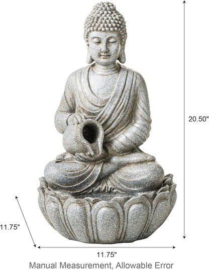 Glitzhome Buddha Fountain Outdoor 20.5" H, 2-Tier Zen Style Concrete Meditating Buddha Statues Water Fountains with Pump & LED Light, Buddhas Floor Fountains Sculpture for Garden Patio Backyard