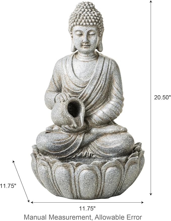 Glitzhome 20.5" Zen Buddha Fountain, Outdoor Water Fountain with LED Light, Polyresin Stone Powder Concrete Finish Meditating Buddha Statue for Garden Patio Yard Deck, 4 Warm LED Lights