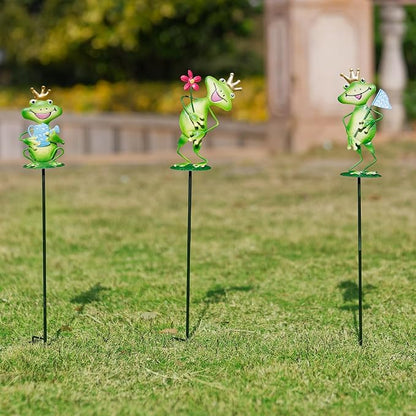 3 Pack Metal Garden Stakes, 21" Frog Garden Stakes for Spring Decor, Metal Yard Art for Outdoor & Outside Lawn Patio Pathway Decoration