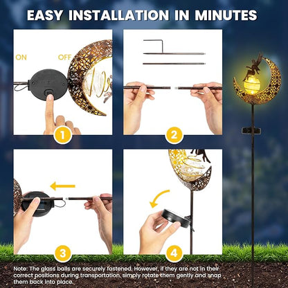 Fairy Garden Solar Lights Outdoor Decor, Moon Garden Stakes, Waterproof Outdoor Metal Decorations Gifts for Women and Mom, Art Moon Sculpture for Walkway, Yard, Patio, Garden and Porch, 1 Pack