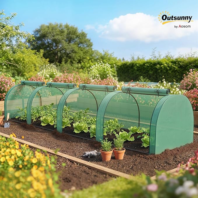 Outsunny Mini Greenhouse, 177.2" x 39.4" x 31.5" Portable Greenhouse with 4 Roll-Up Doors, PE Cover, Small Green House for Indoor Outdoor, Green