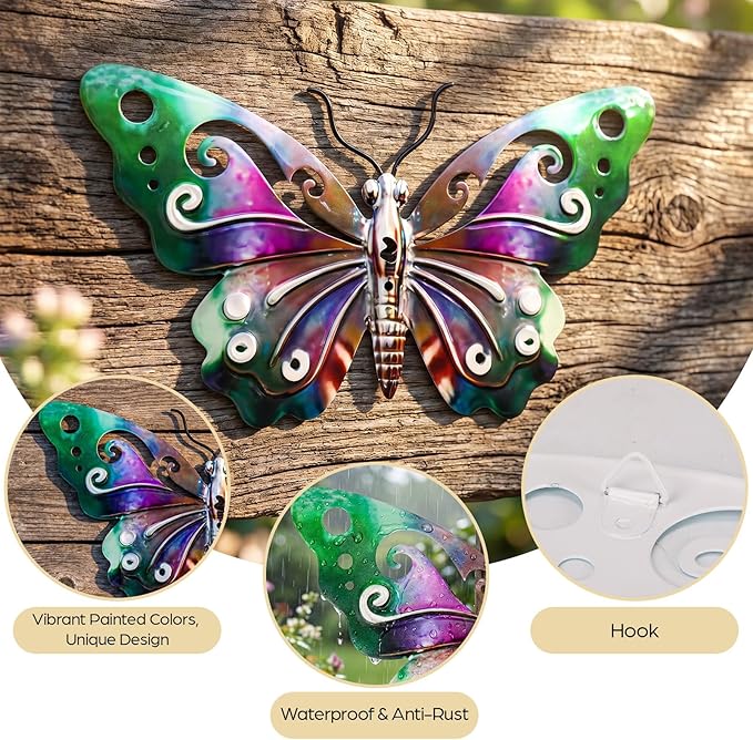 Hoikwo 4 Pack 9.6" Metal Butterfly Wall Decor, Outdoor Fence Wall Art Decor, Hanging Decoration for Garden Yard Living Room Bedroom Patio Balcony
