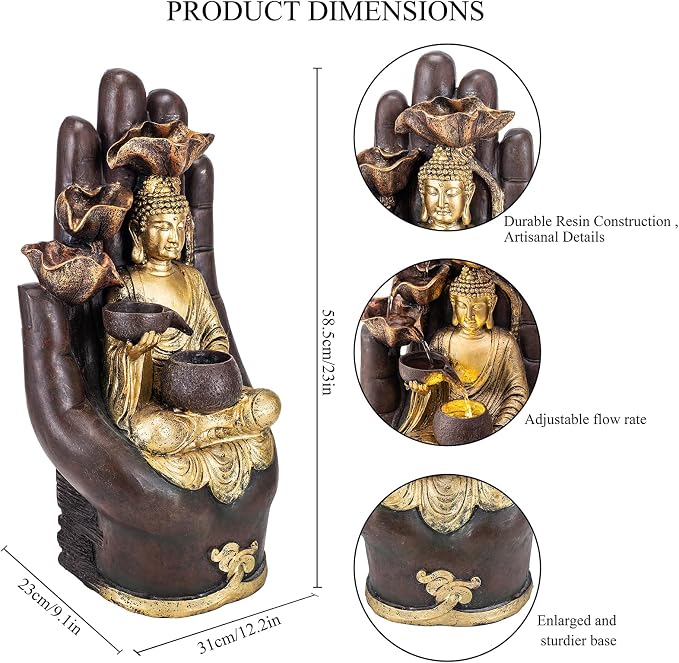 23" H Buddha Water Fountain, Outdoor Buddha Fountain with LED Lighting, Zen Relaxing Waterfall Indoor Fountain for Patio, Porch, or Yard Decor