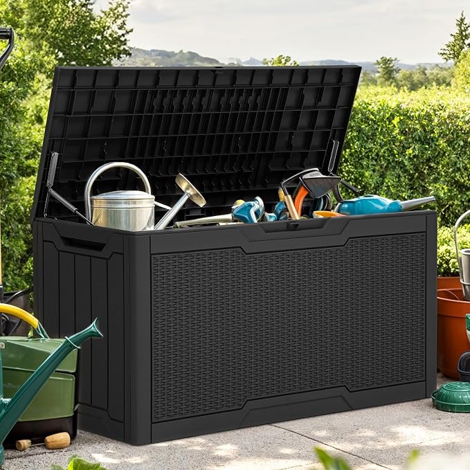 YITAHOME 80 Gallon Resin Deck Box | Weather Resistant Outdoor Rattan Storage Box, Lockable Indoor Outdoor Storage for Supplies and Essentials, Black