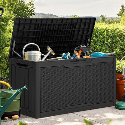 YITAHOME 80 Gallon Resin Deck Box | Weather Resistant Outdoor Rattan Storage Box, Lockable Indoor Outdoor Storage for Supplies and Essentials, Black