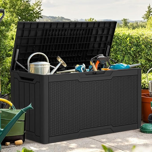 YITAHOME 80 Gallon Resin Deck Box | Weather Resistant Outdoor Rattan Storage Box, Lockable Indoor Outdoor Storage for Supplies and Essentials, Black