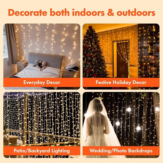 Twinkle Star 300 LED Window Curtain String Lights, Warm White, 2 Pack | 8 Modes, Fairy Lights, Wedding Party Home Garden Decor, Indoor Outdoor Wall