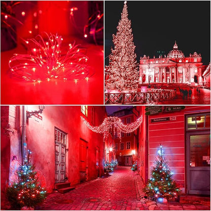 Red Solar Christmas String Lights Outdoor Waterproof, 2Pack Total 200Led 8 Modes Copper Fairy Lights, Solar Powered Outside Decorations for Valentines Day, Garden, Patio, Fence, Balcony