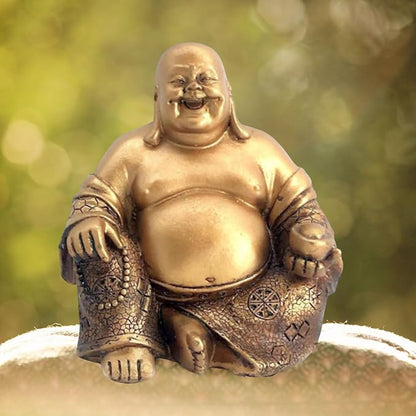 Bellaa Laughing Buddha Statue - 6 Inch Feng Shui Happy Monk Budai Hotei Figurine for Wealth, Luck & Happiness - Chinese Buddhist Zen Decor Copper Gold Finish Resin 21770