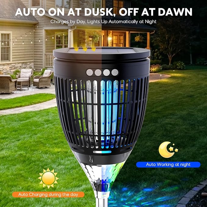 Solar Bug Zapper Outdoor, Mosquito Zapper with Flame Light, RGB Projector | 4200V Electric Grid, Solar & USB Charging, Smart Auto Mode, IP65 Waterproof Mosquito Zapper for Patios Gardens Camping Yards