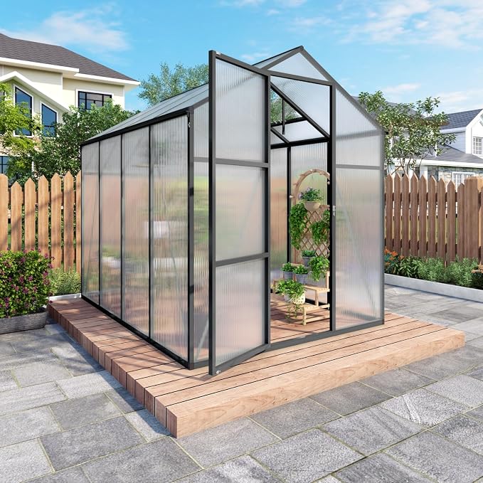 6x8 FT Greenhouse, Walk-in Heavy Duty Polycarbonate Outdoor Greenhouses with Raised Base & Anchor, Height-Enhanced Aluminum Frame, & Drainage System for Backyard All Season Growing, Black