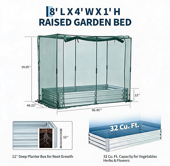 8x4x1Ft Galvanized Raised Garden Bed Kit w/Self Watering Irrigation & Mesh Cover, Metal Bottomless Raised Planter Box for Veggies Herbs Flowers, Rustproof Elevated Garden Bed Backyard Patio Farm
