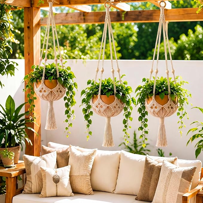 Shappy 2 Pack Boho Macrame Plant Hanger, Large Hanging Planter Plant Holder Pot Hanger Hanging Basket Wall Planters, Plants Lover Gift for Indoor Garden (Wooden Ring and Wooden Beads,White)