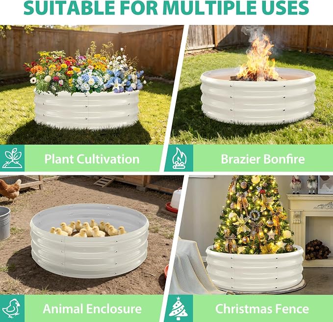 12 Inch Tall 36 Inch Diameter Round White Raised Garden Bed Kits Outdoor | 1 FT Tall,3 FT Planter Bed for Flowers,Herbs,Vegetables,Trees,0.8MM Thick Galvanized Metal Painted,with Gloves,Tool free