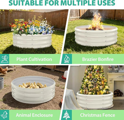 12 Inch Tall 36 Inch Diameter Round White Raised Garden Bed Kits Outdoor | 1 FT Tall,3 FT Planter Bed for Flowers,Herbs,Vegetables,Trees,0.8MM Thick Galvanized Metal Painted,with Gloves,Tool free