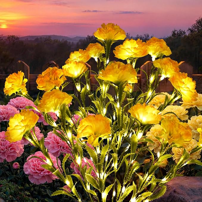 GIGALUMI Solar Lights Outdoor for Garden Decor, 2 Pack Solar Flower Lights Waterproof, 2 Lighting Modes 14 Carnations for Pathway,Yard, Patio Decoration, Gardening Gifts for Women (Yellow)