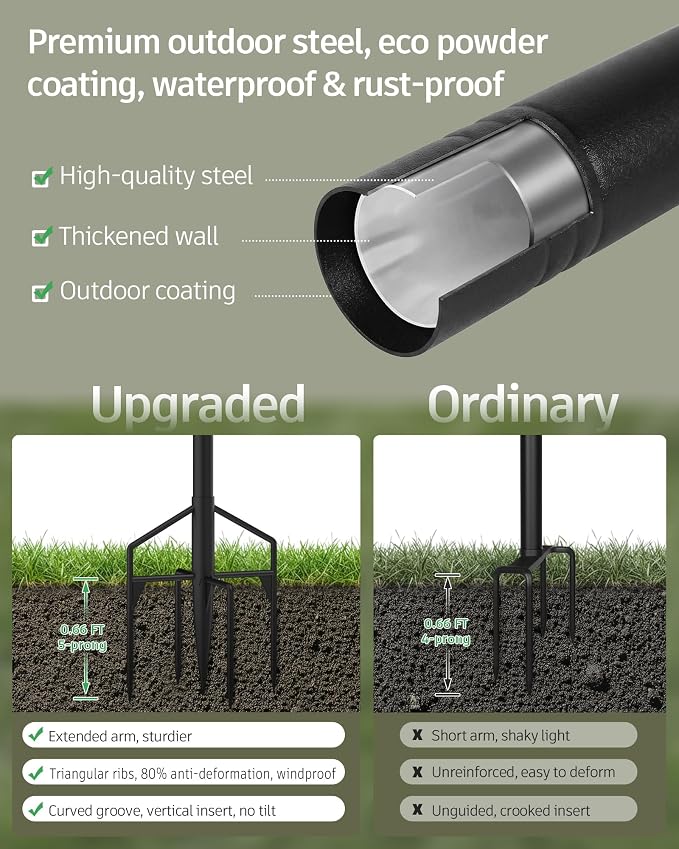 LAND·VOI String Light Poles 2 Pack, Heavy Duty Outdoor Light Poles with Upgraded 5‑Prong Base, Anti‑Bending Stable Design for Backyard Patio Garden Wedding Party Decoration