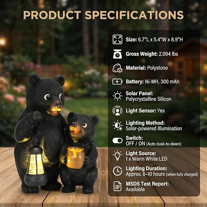 Lavezee Garden Bear Statues 8.9‘’, Mother and Baby Bear Figurines with Solar Lantern for Outdoor Porch Yard Lawn, Unique Bear Gifts for Mom Grandma Women