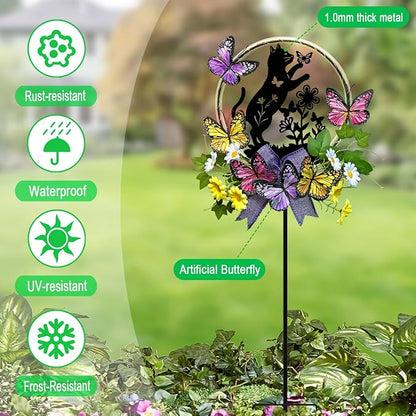 Cat Solar Lights Outdoor Garden,Silhouette Cat with Butterflies Waterproof Garden Stake for Yard, Lawn,Best Gifts for Women