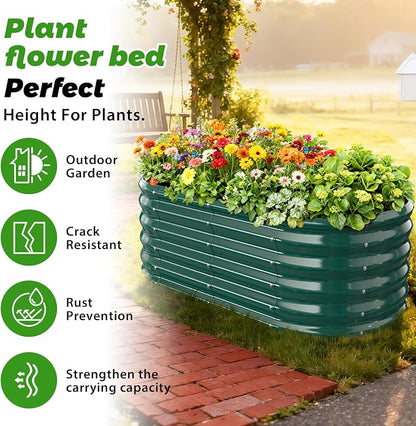 17" Tall Oval-Shaped / Elliptic Metal Raised Garden Bed Outdoor Dark Green | 48X24X17 Inch,1.5 FT Tall,0.8MM Thick Galvanized Metal Painted,for Variety of Flowers,Herbs,Vegetables.with Gloves,Tool free