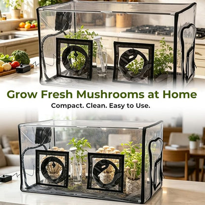 Premium Mushroom Growing Tent Kit with Humidifier & Fan – Desktop Indoor Greenhouse with Filtered Airflow – Ultra-Clear Wrinkle-Free Window for Plant Cultivation