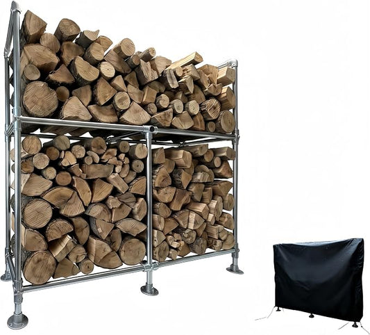 4ft Heavy Duty Firewood Rack with Dual-Tier Structural Design | Constructed with Galvanized Steel Pipes and Featuring a Firewood Rack Cover,Load-bearing Capacity 2,200 lbs,Indoor/Outdoor