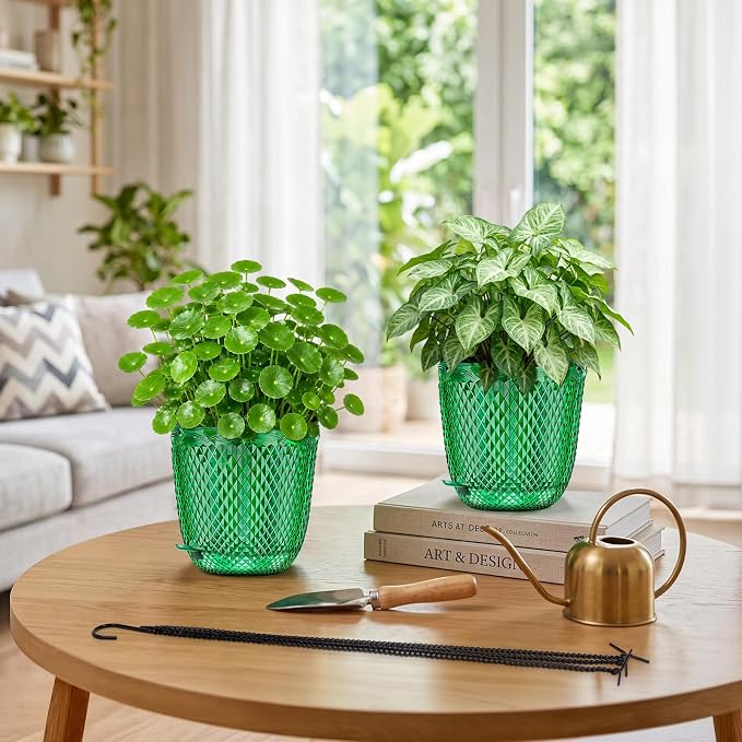 QCQHDU 5.7 Inch 2 Pack Small Hanging Planters for Indoor Outdoor Plants,Self Watering Flower Pots Hanging Basket Plant Hanger with Drainage Holes and 3 Hooks for Window Porch Garden Balcony, (Green)