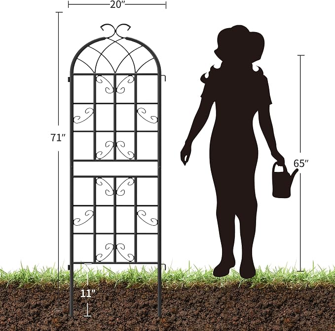 2-Pack 71" Black Metal Garden Trellises with Butterfly Design | Black metal trellises with butterfly arch design, scrollwork, spiked legs, and vertical support for roses, vines, or veggies